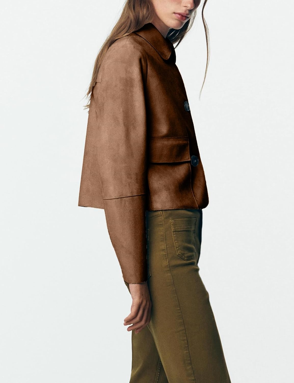image:imageWomens Faux Suede Cropped Casual Button Down JacketDark Brown