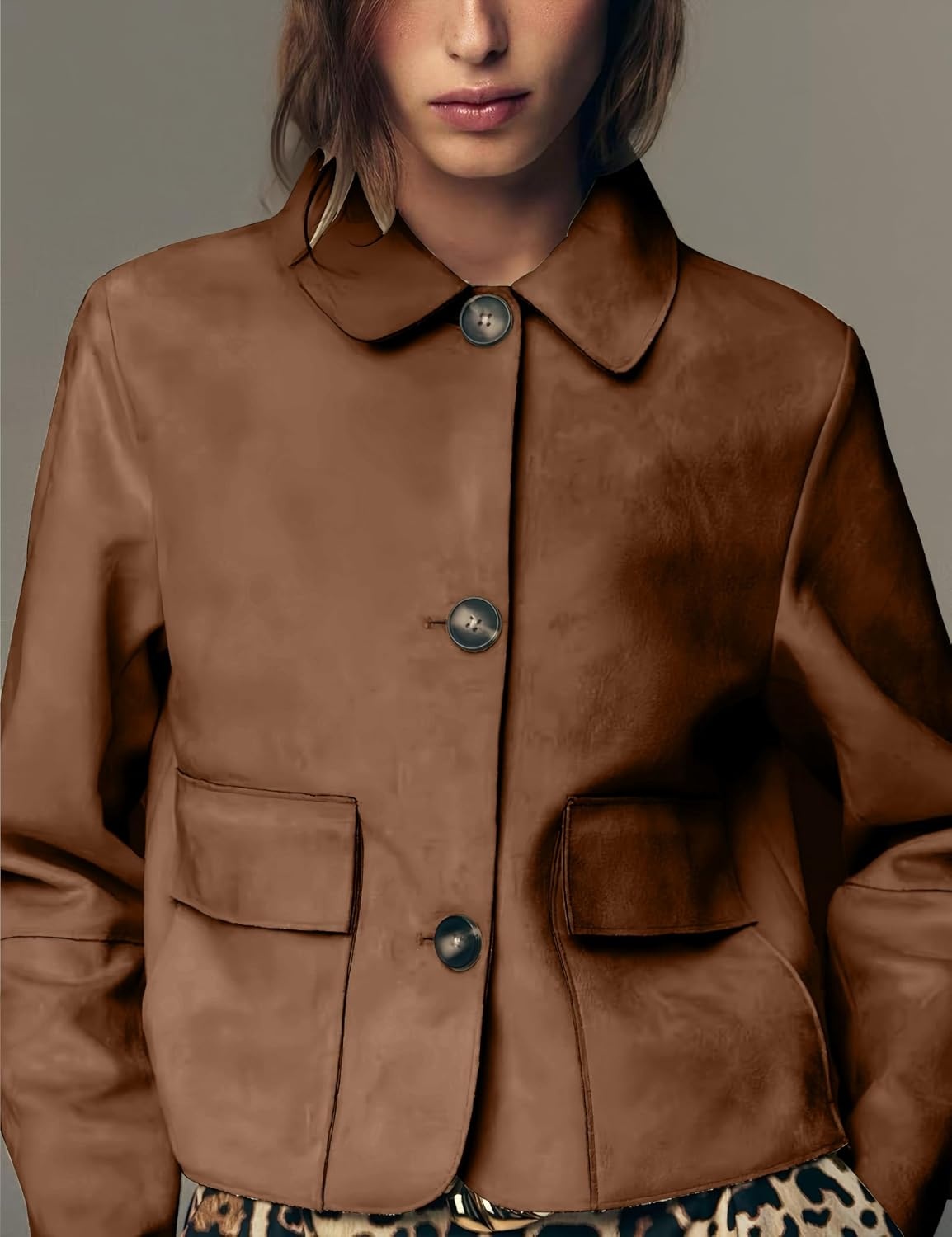image:imageWomens Faux Suede Cropped Casual Button Down JacketDark Brown
