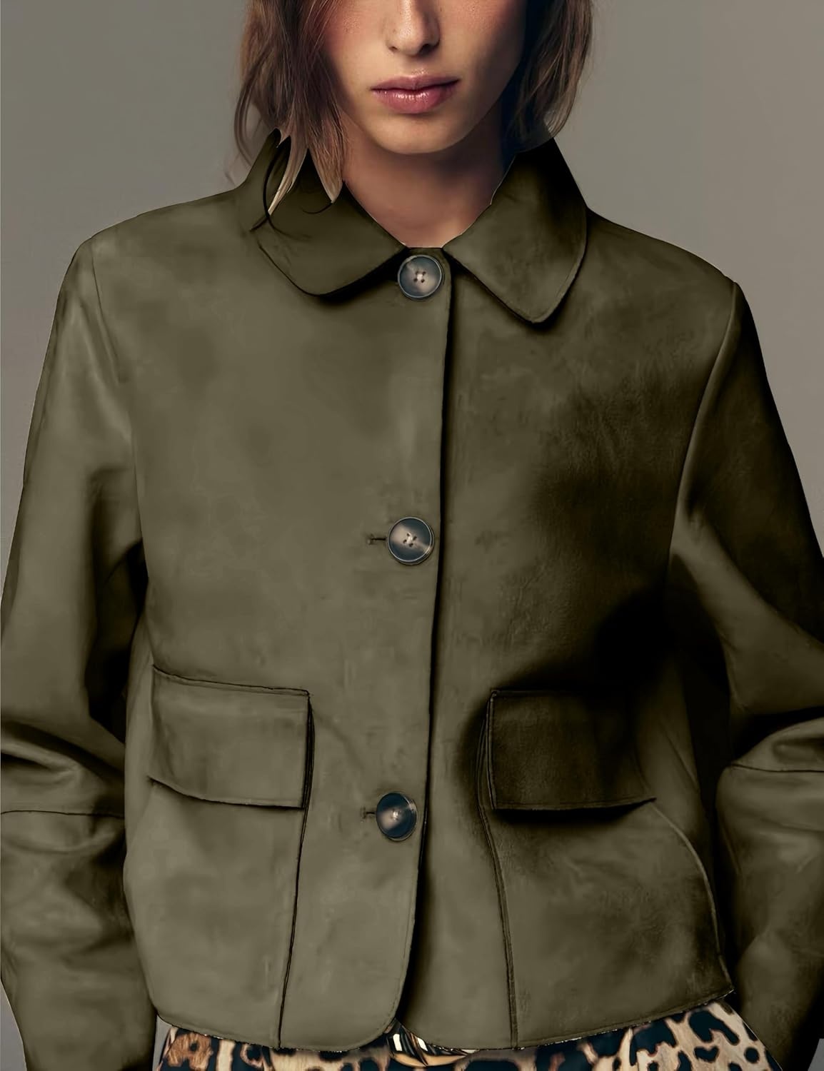 image:imageWomens Faux Suede Cropped Casual Button Down JacketGreen