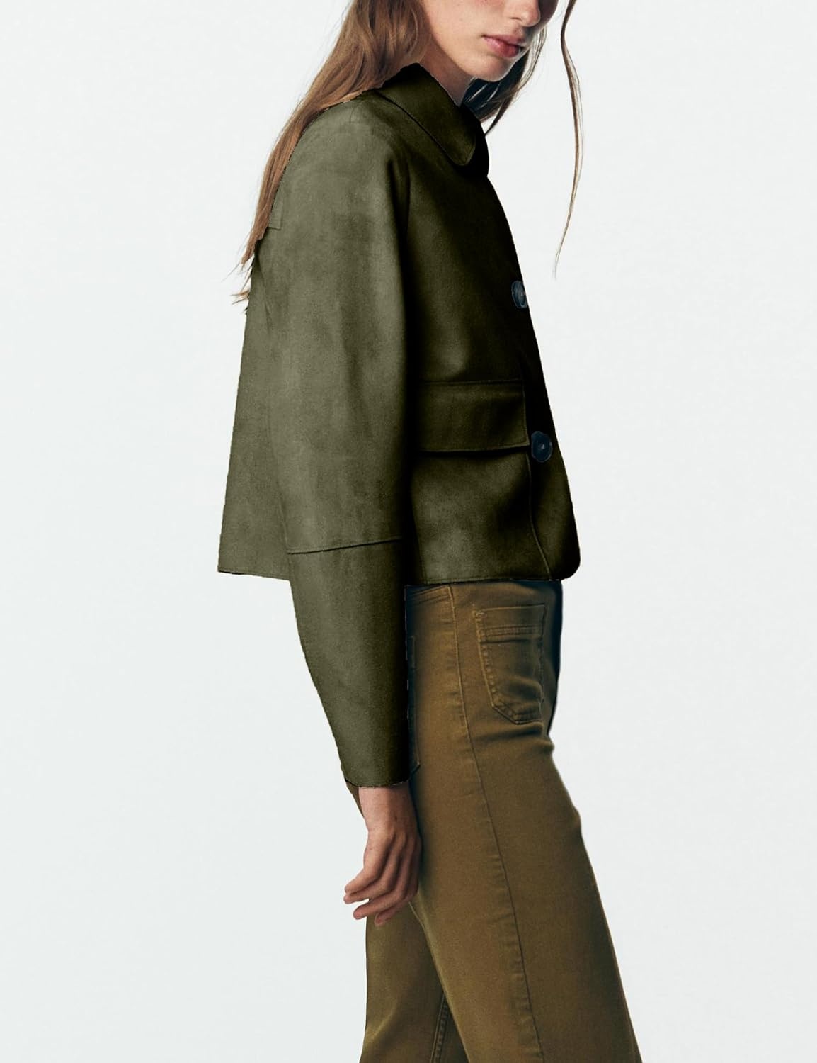 image:imageWomens Faux Suede Cropped Casual Button Down JacketGreen