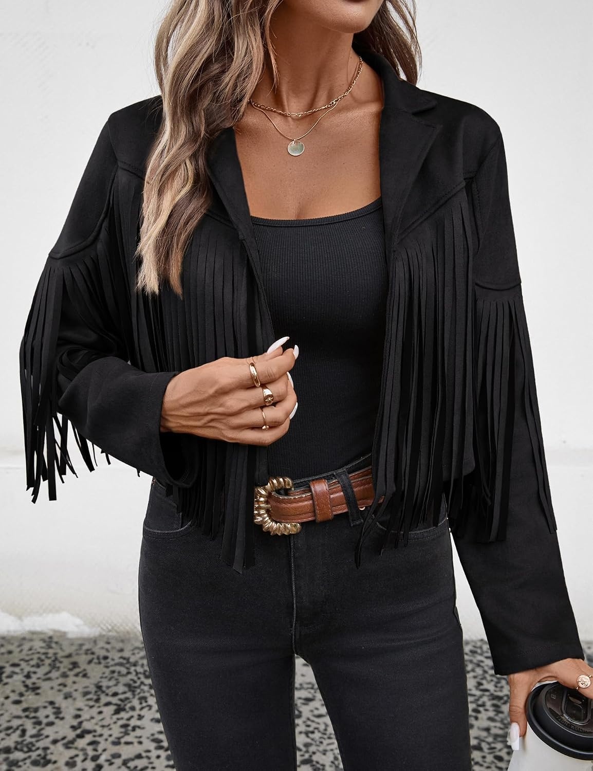 image:imageWomens Faux Suede Fringe Tassel Jacket Cropped Western Cowgirl TopBlack