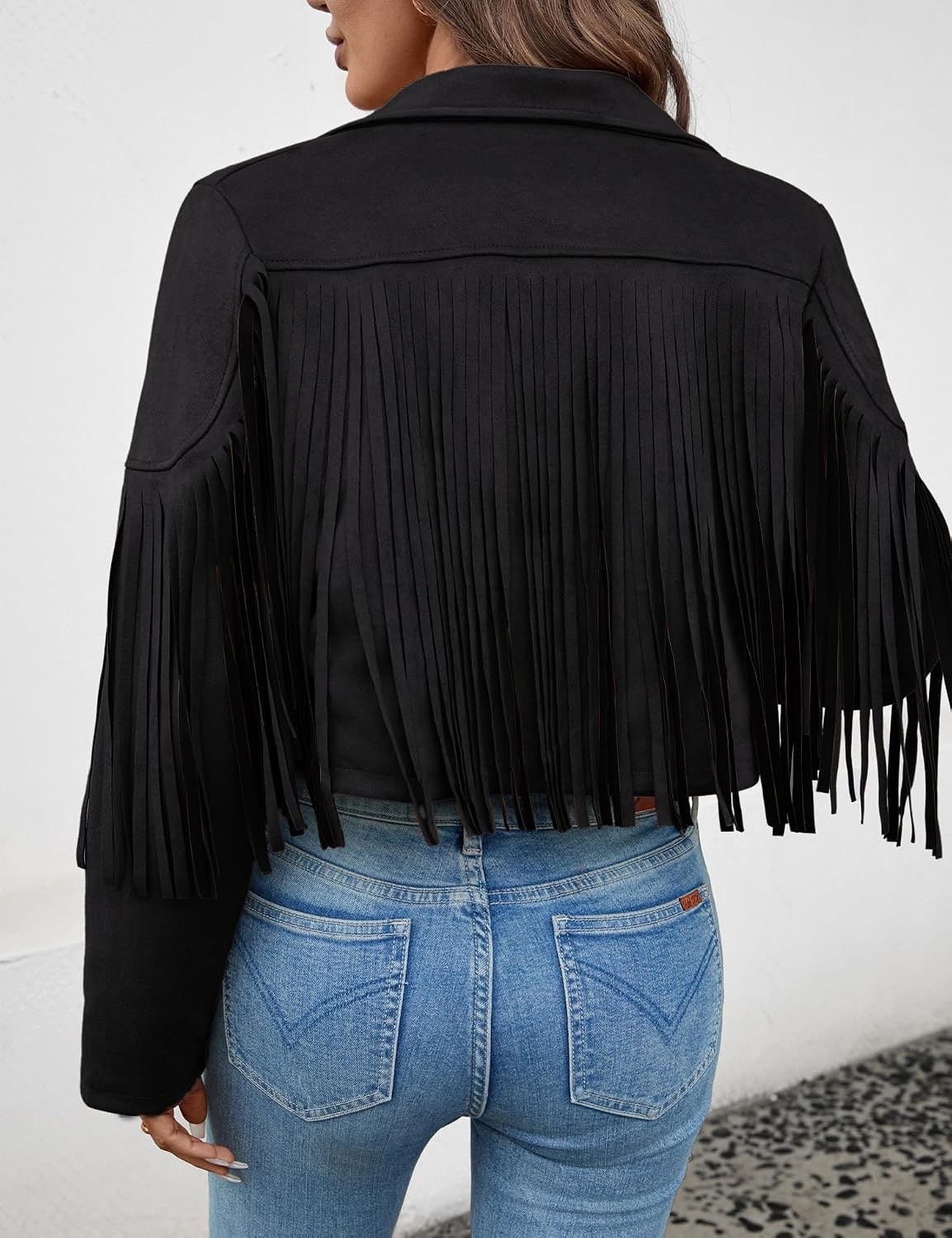 image:imageWomens Faux Suede Fringe Tassel Jacket Cropped Western Cowgirl TopBlack