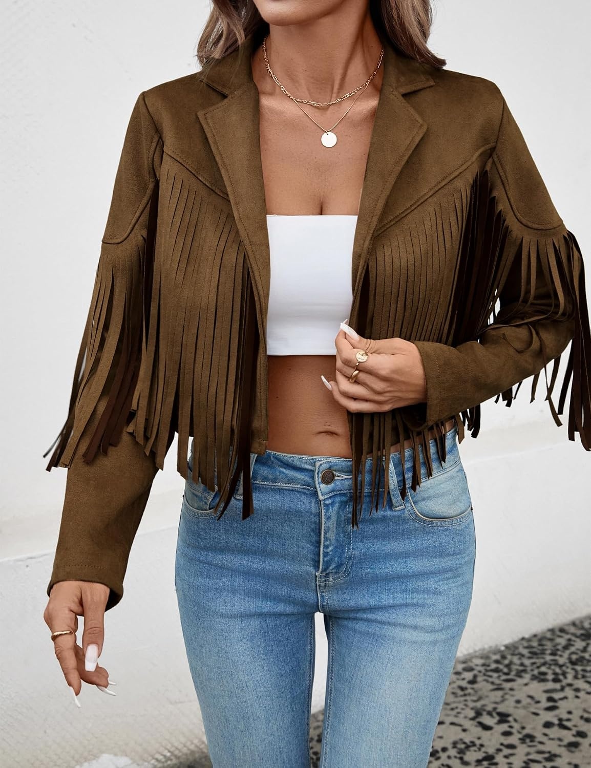 image:imageWomens Faux Suede Fringe Tassel Jacket Cropped Western Cowgirl TopDark Brown