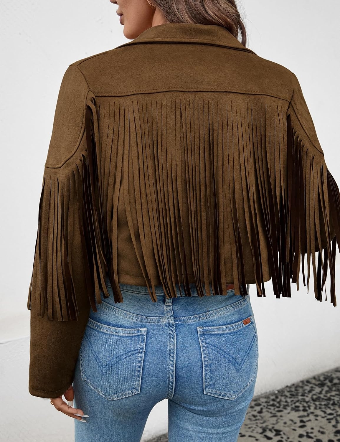 image:imageWomens Faux Suede Fringe Tassel Jacket Cropped Western Cowgirl TopDark Brown