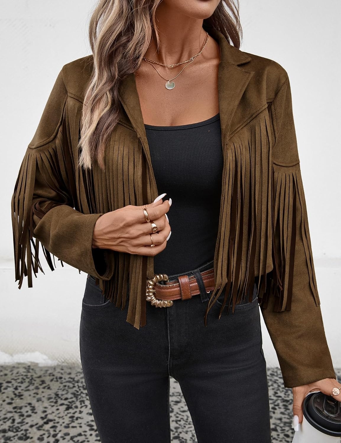 image:imageWomens Faux Suede Fringe Tassel Jacket Cropped Western Cowgirl TopDark Brown