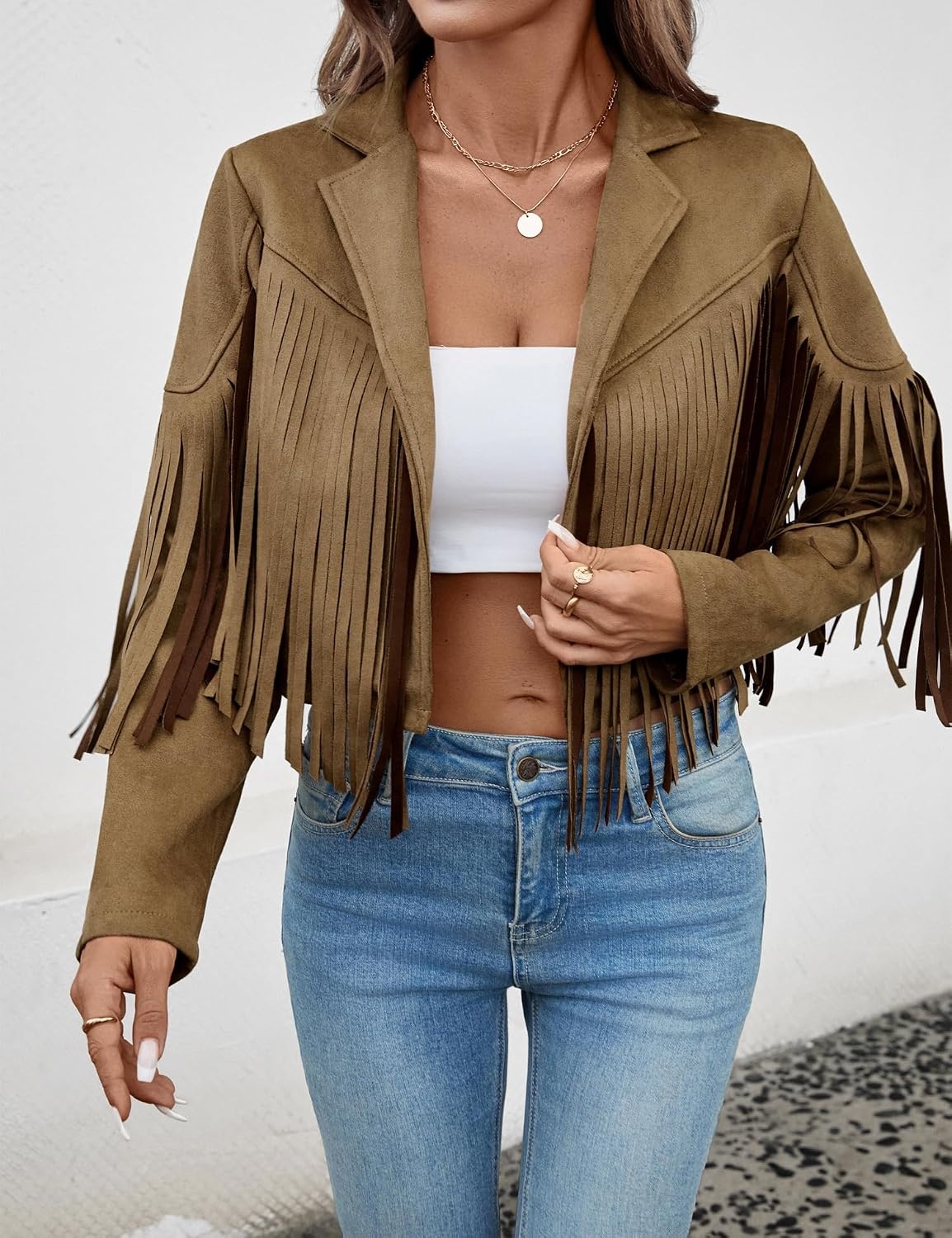 image:imageWomens Faux Suede Fringe Tassel Jacket Cropped Western Cowgirl TopDark Khaki