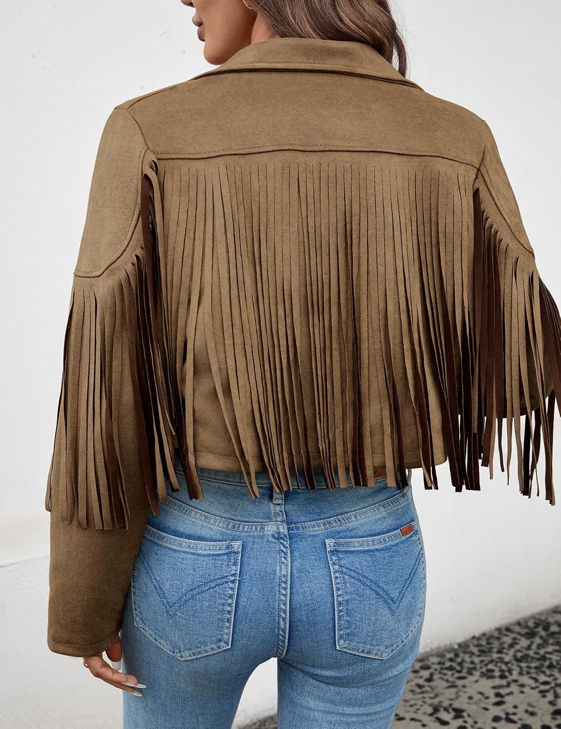 image:imageWomens Faux Suede Fringe Tassel Jacket Cropped Western Cowgirl TopDark Khaki