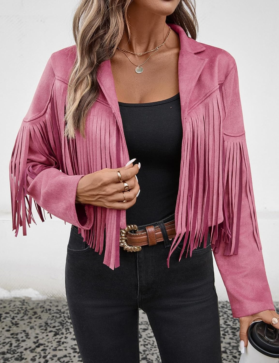 image:imageWomens Faux Suede Fringe Tassel Jacket Cropped Western Cowgirl TopPink