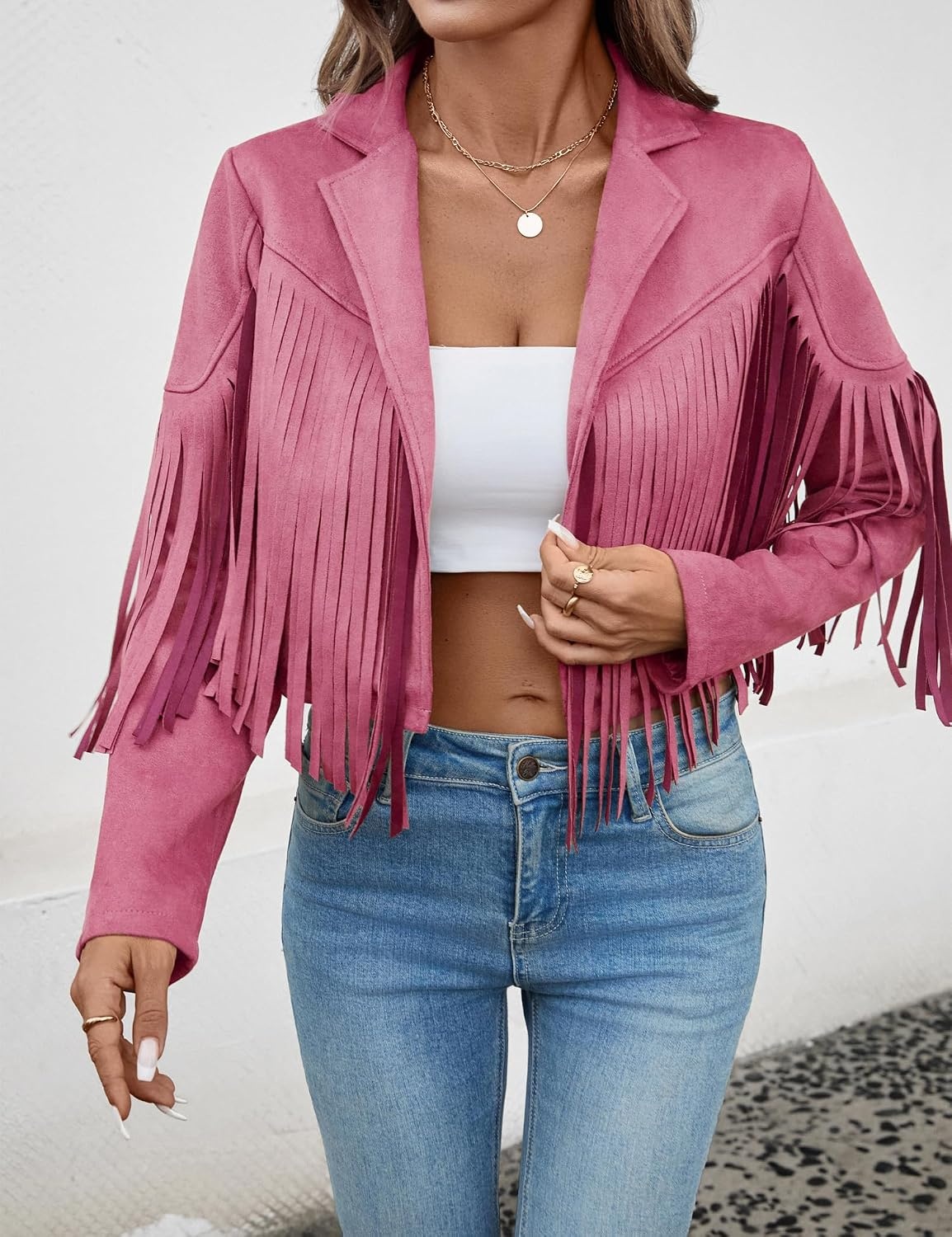 image:imageWomens Faux Suede Fringe Tassel Jacket Cropped Western Cowgirl TopPink