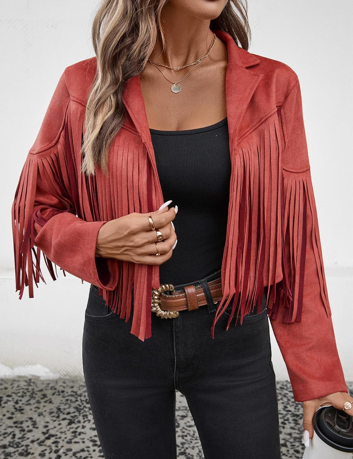 image:imageWomens Faux Suede Fringe Tassel Jacket Cropped Western Cowgirl TopRed
