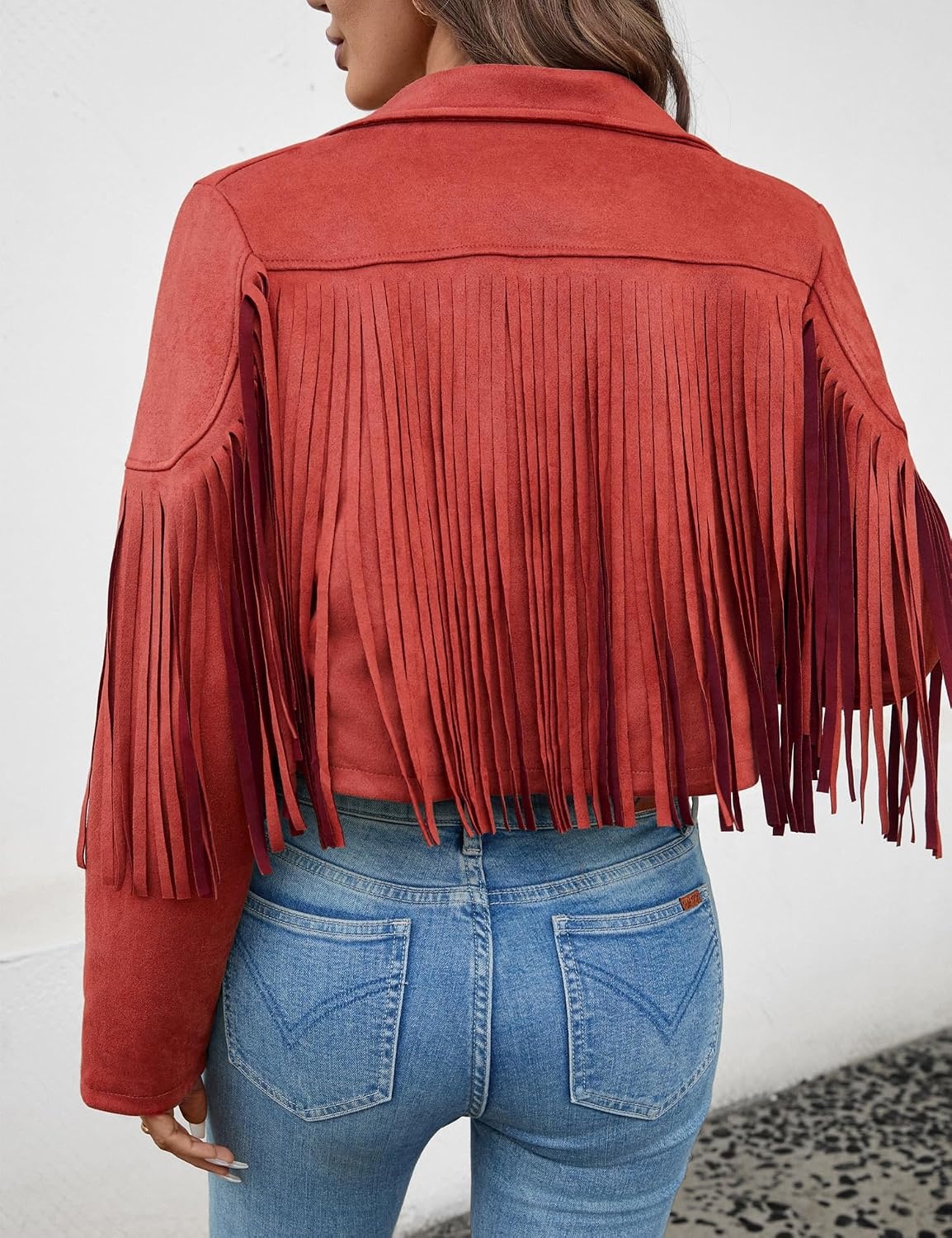 image:imageWomens Faux Suede Fringe Tassel Jacket Cropped Western Cowgirl TopRed