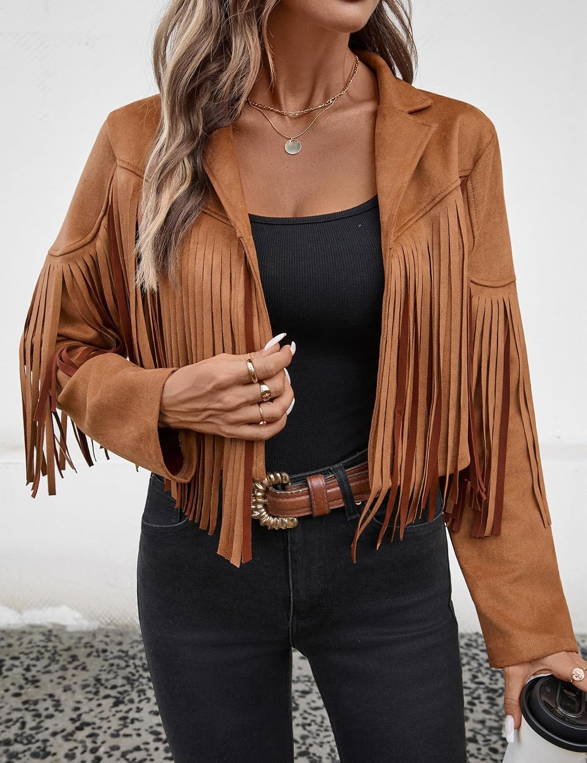image:imageWomens Faux Suede Fringe Tassel Jacket Cropped Western Cowgirl TopTan