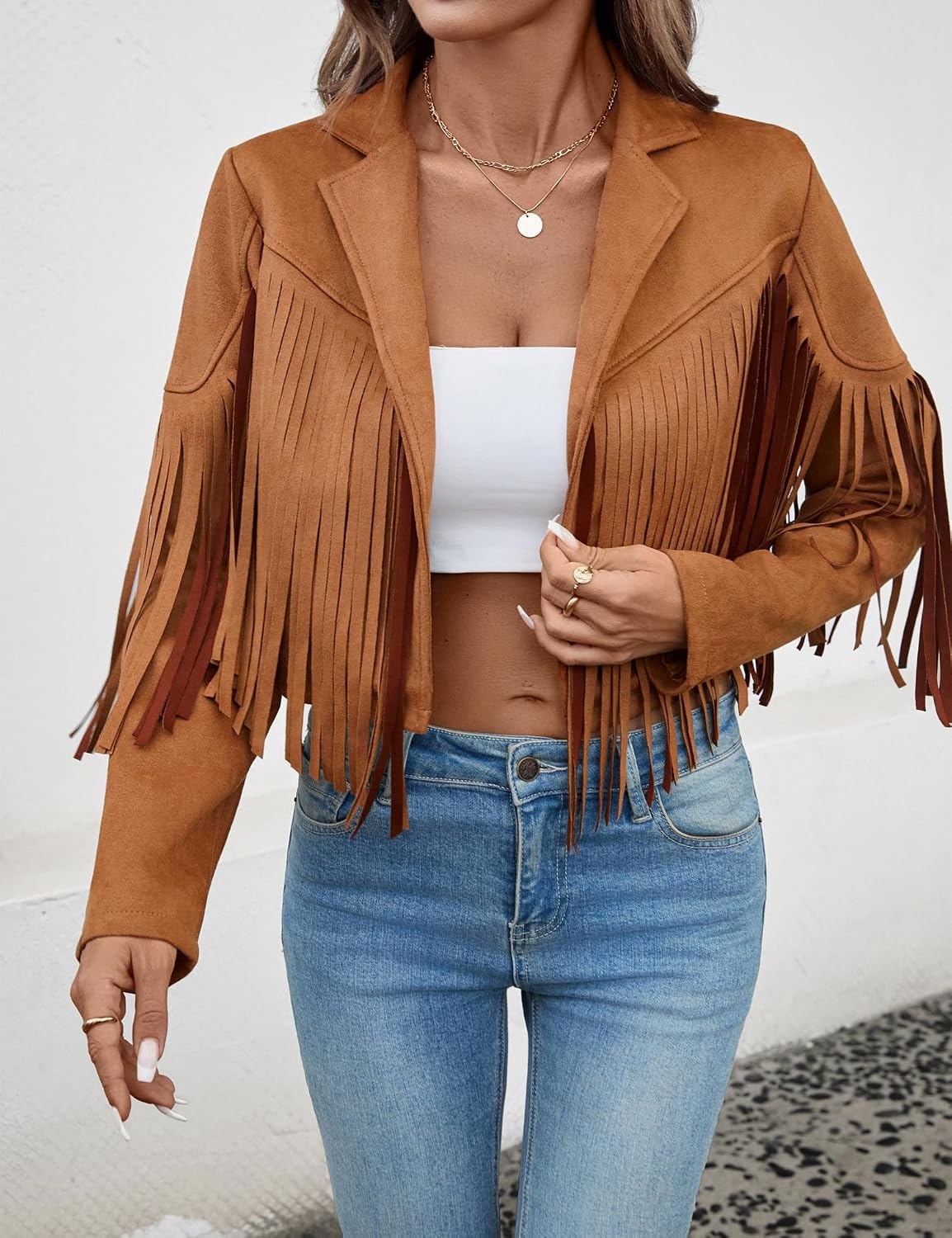 image:imageWomens Faux Suede Fringe Tassel Jacket Cropped Western Cowgirl TopTan