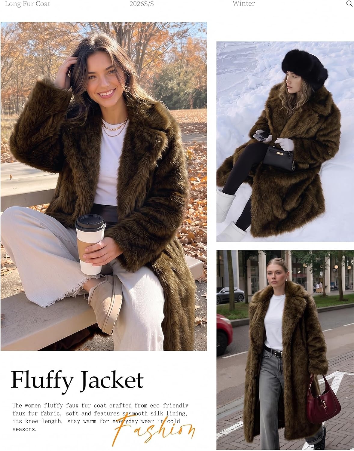 image:imageWyeysyt Womens Faux Fur Coat Long Warm Fluffy Winter JacketBrown