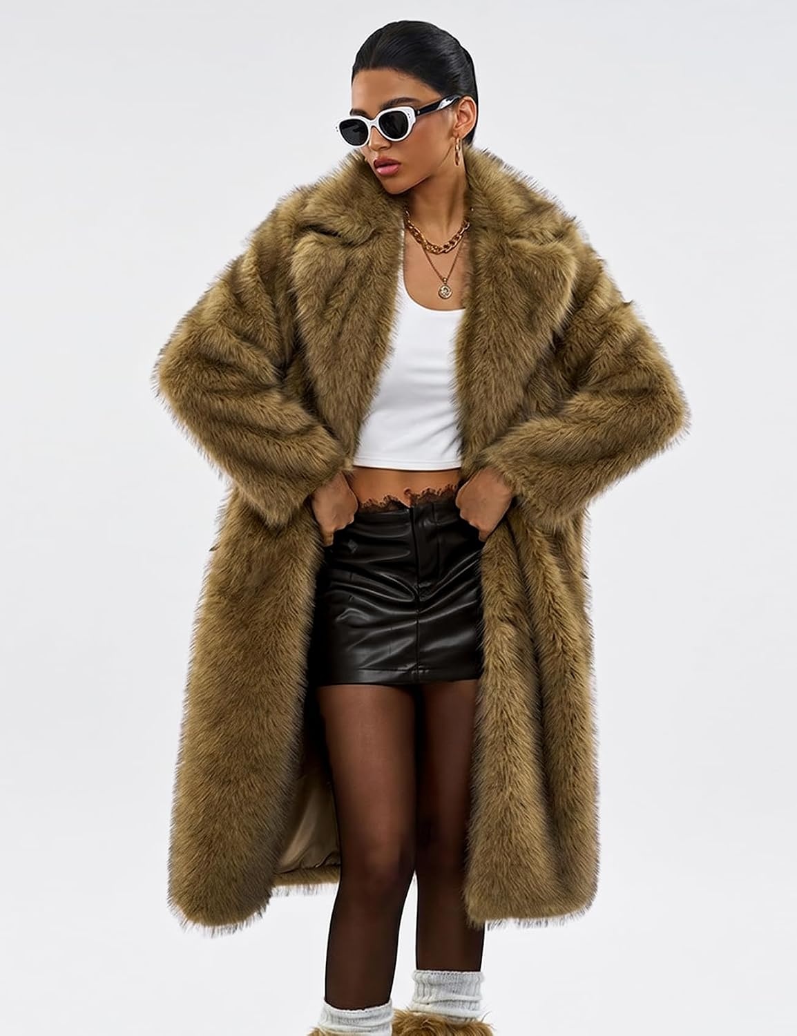 image:imageWyeysyt Womens Faux Fur Coat Long Warm Fluffy Winter JacketLightbrown