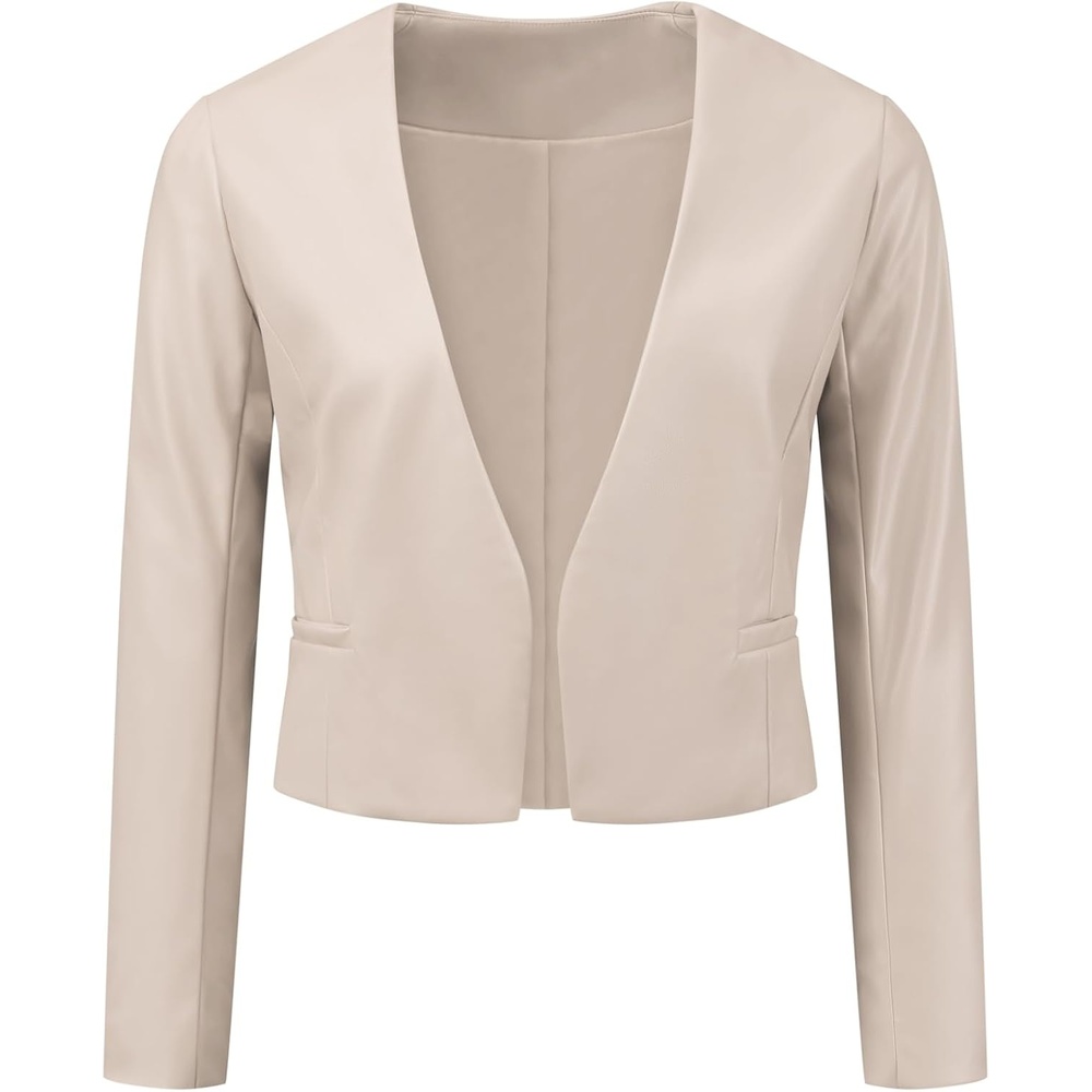 image:imageAllegra K Faux Leather Jacket for Womens Moto Biker Collarless Crop JacketBeige