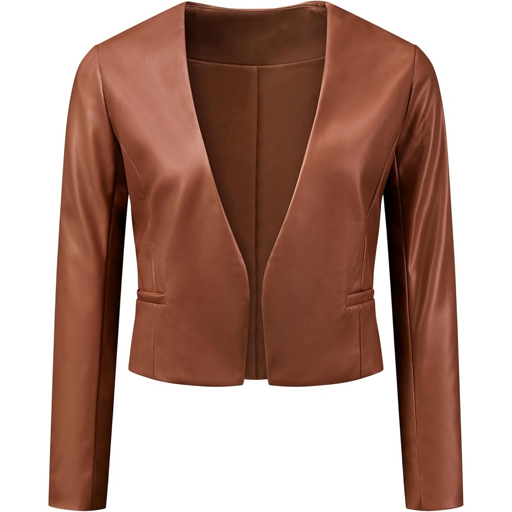 image:imageAllegra K Faux Leather Jacket for Womens Moto Biker Collarless Crop JacketBrown