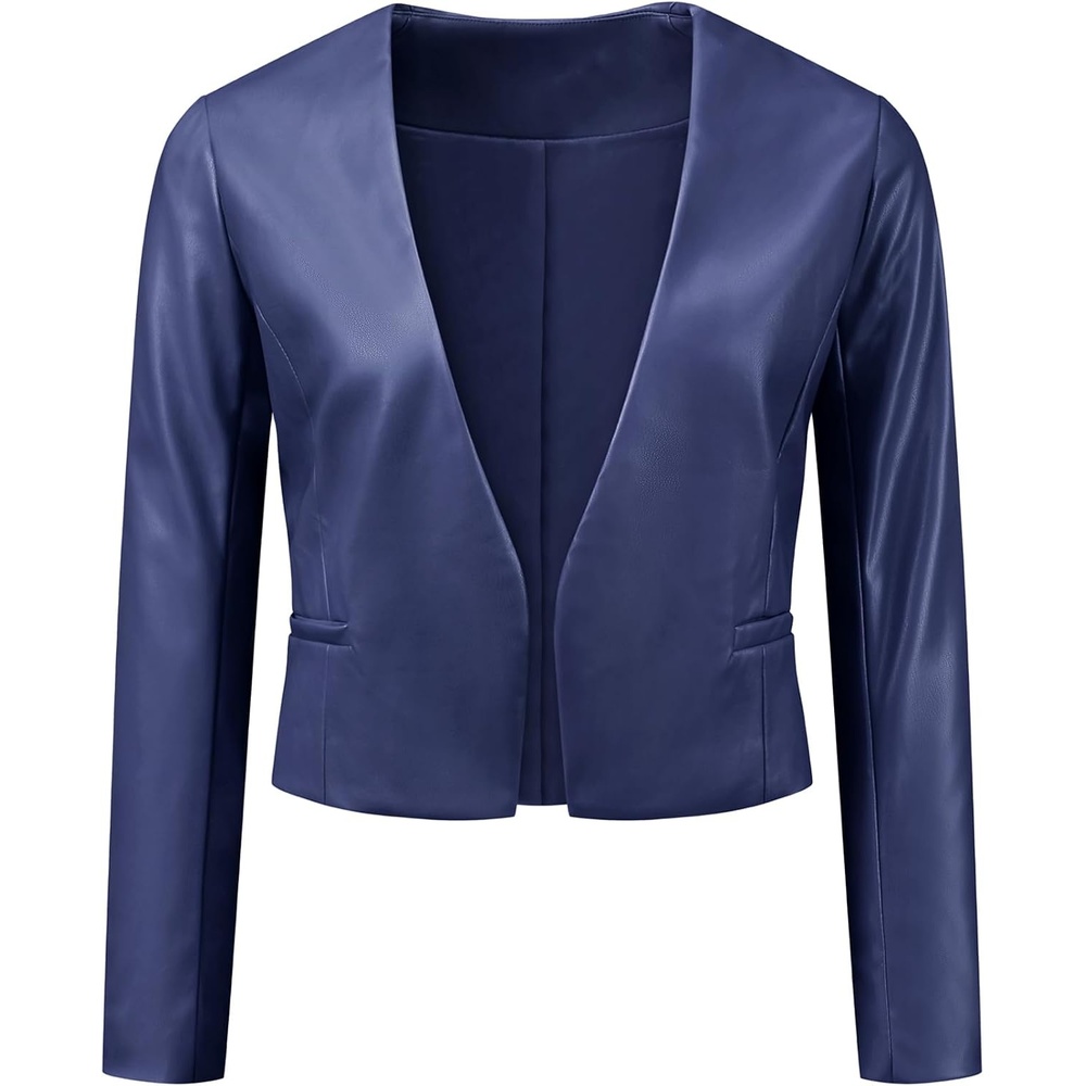 image:imageAllegra K Faux Leather Jacket for Womens Moto Biker Collarless Crop JacketDark Blue