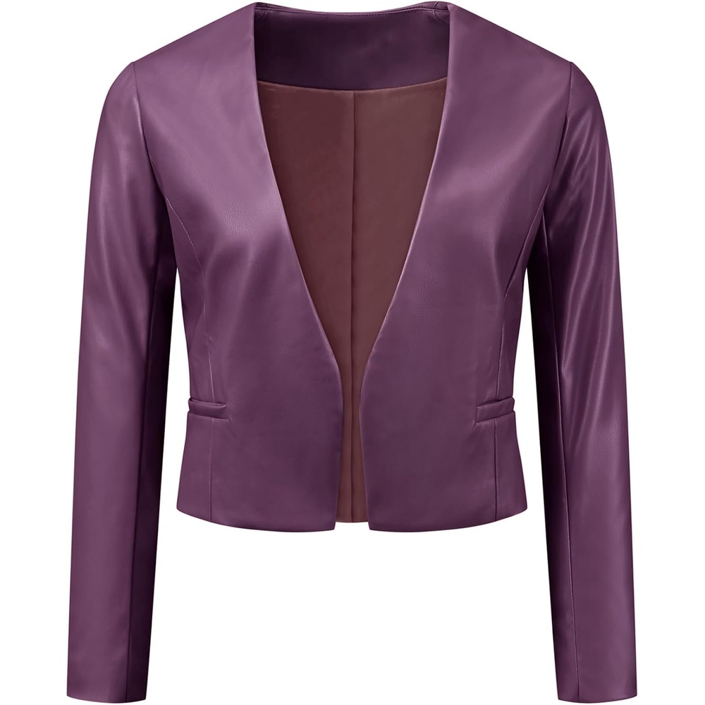 image:imageAllegra K Faux Leather Jacket for Womens Moto Biker Collarless Crop JacketDark Purple
