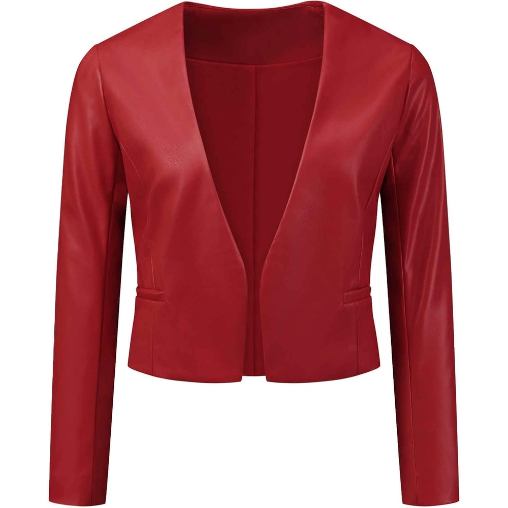 image:imageAllegra K Faux Leather Jacket for Womens Moto Biker Collarless Crop JacketWine Red