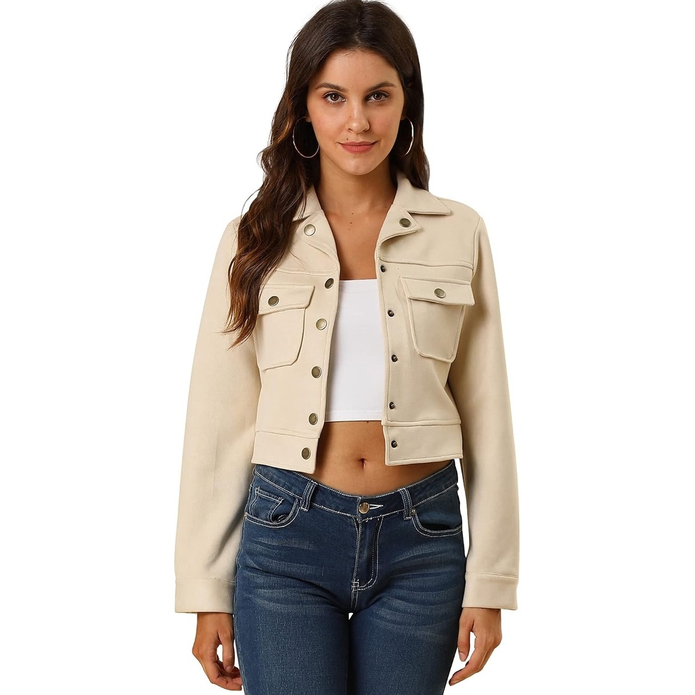 image:imageAllegra K Womens Faux Suede Jacket Button Down Collar Crop OuterwearBeige