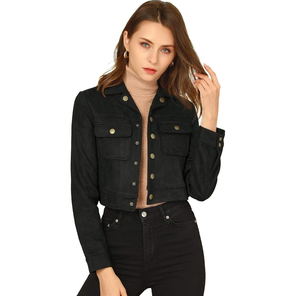 image:imageAllegra K Womens Faux Suede Jacket Button Down Collar Crop OuterwearBlack