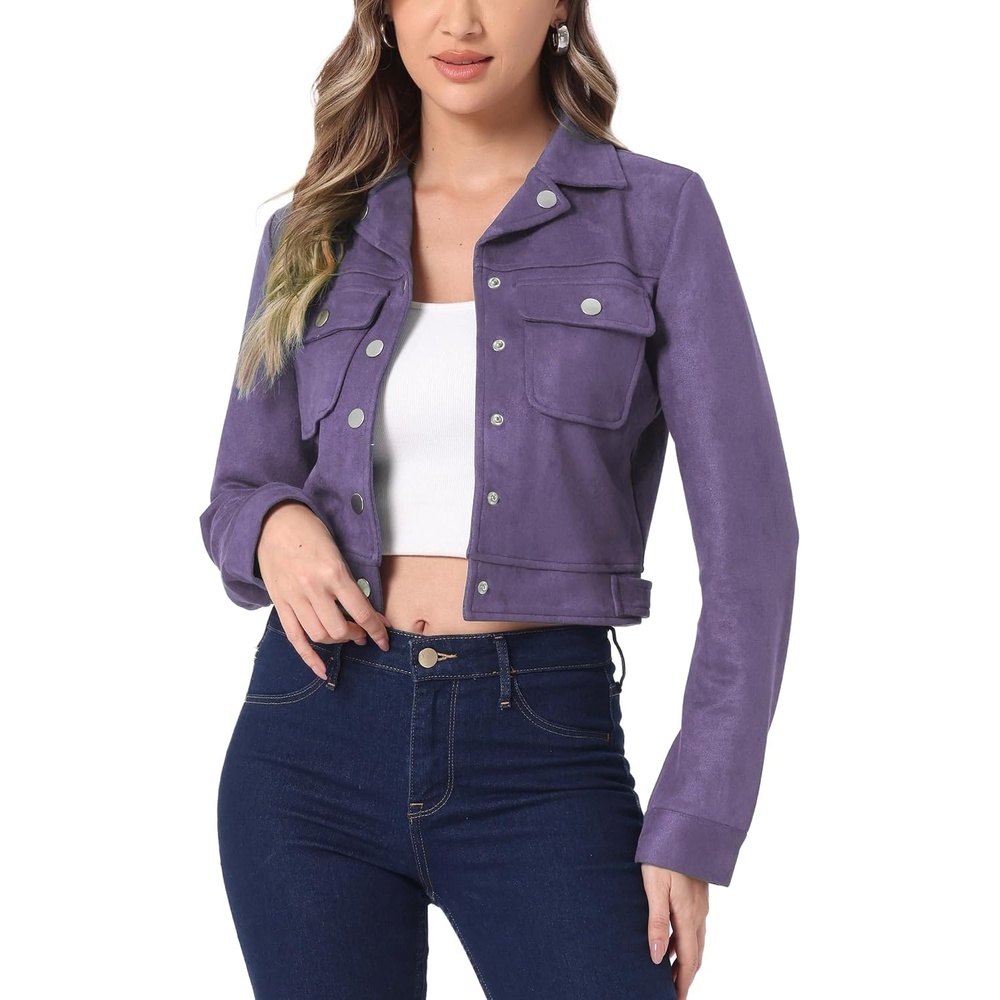 image:imageAllegra K Womens Faux Suede Jacket Button Down Collar Crop OuterwearPurple