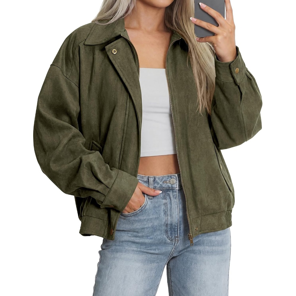 image:imageBTFBM Faux Suede Jacket Women Oversized Long Sleeve Bomber CoatsArmy Green