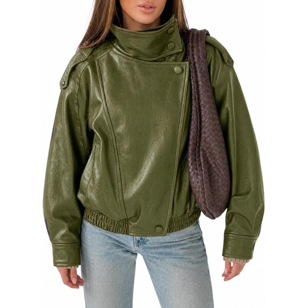 image:imageCicy Bell Womens Faux Leather Jackets Oversized Zip Up Motor Biker CoatsArmy Green