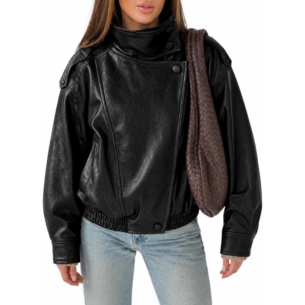 image:imageCicy Bell Womens Faux Leather Jackets Oversized Zip Up Motor Biker CoatsBlack