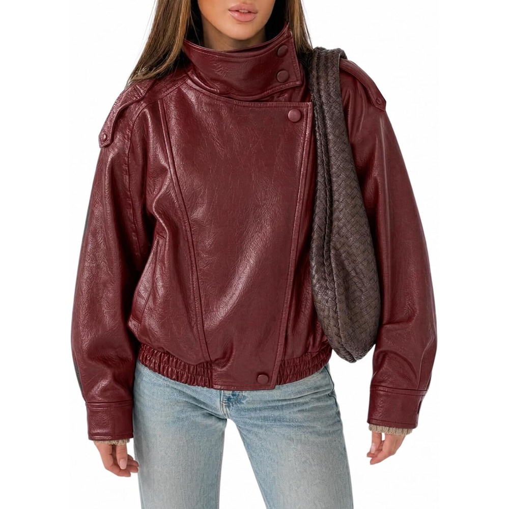 image:imageCicy Bell Womens Faux Leather Jackets Oversized Zip Up Motor Biker CoatsBurgundy