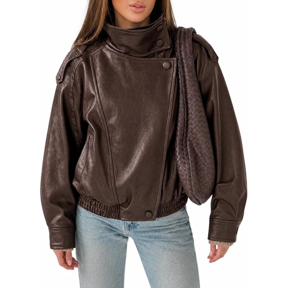 image:imageCicy Bell Womens Faux Leather Jackets Oversized Zip Up Motor Biker CoatsCoffee