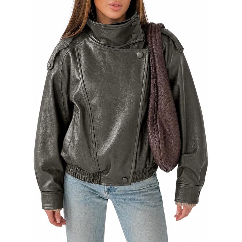 image:imageCicy Bell Womens Faux Leather Jackets Oversized Zip Up Motor Biker CoatsGrey