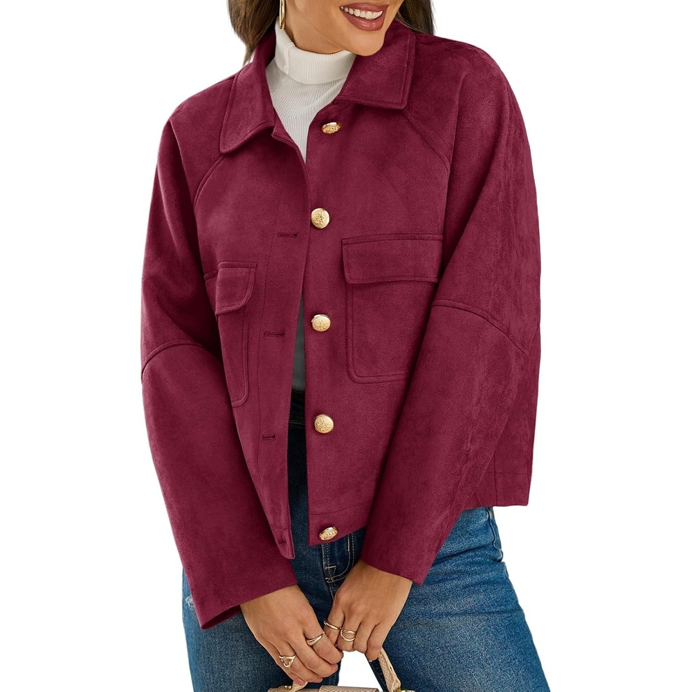 image:imageCicy Bell Womens Faux Suede Leather Jackets Cropped Fall Vintage ShacketsWine Red