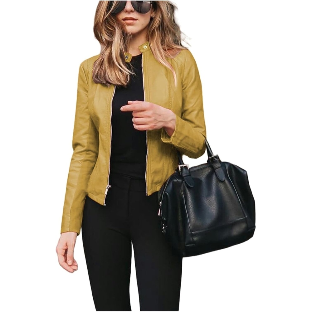 image:imageFaux Leather Jacket Varsity Moto Biker Bomber Jackets Short Coat Casual Lightweight Outerwear Coats 2025 SpringYellow