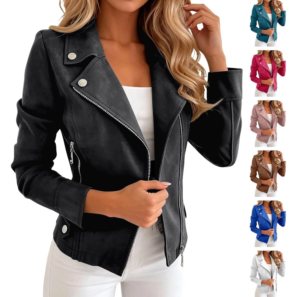 image:imageFaux Suede Jacket Women Long Sleeve Leather Bomber Jackets Moto Cropped Trench Coat For Business Casual Going OutBlack