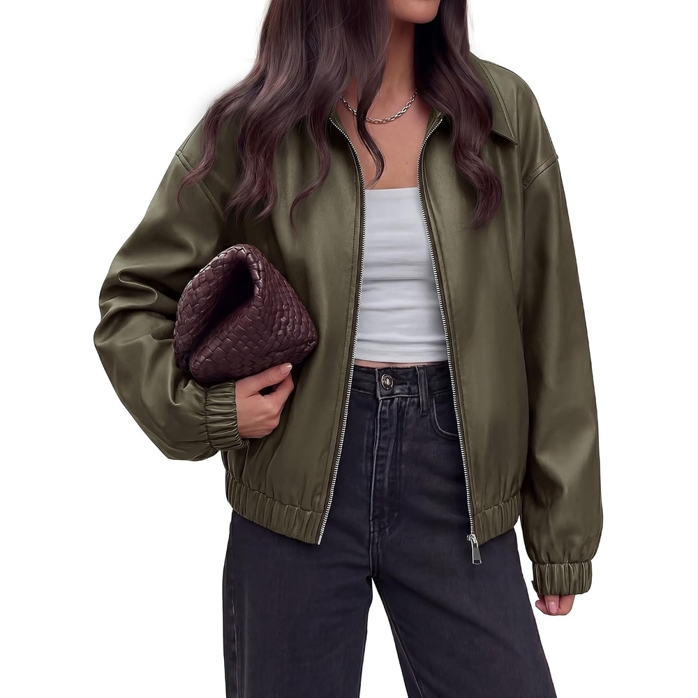 image:imageKIRUNDO Fall Jackets for Women Oversized Zip Up Faux Leather Bomber CoatsArmy Green