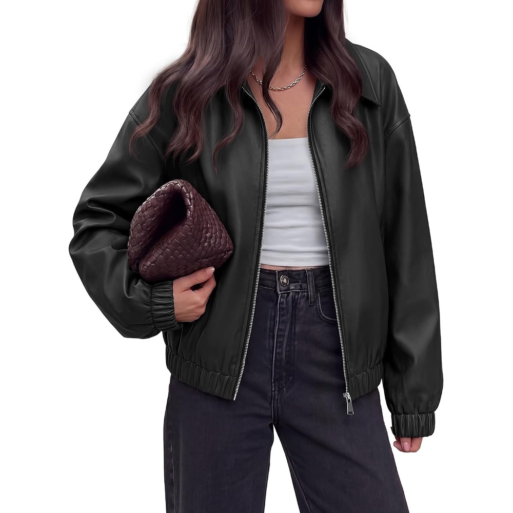 image:imageKIRUNDO Fall Jackets for Women Oversized Zip Up Faux Leather Bomber CoatsBlack