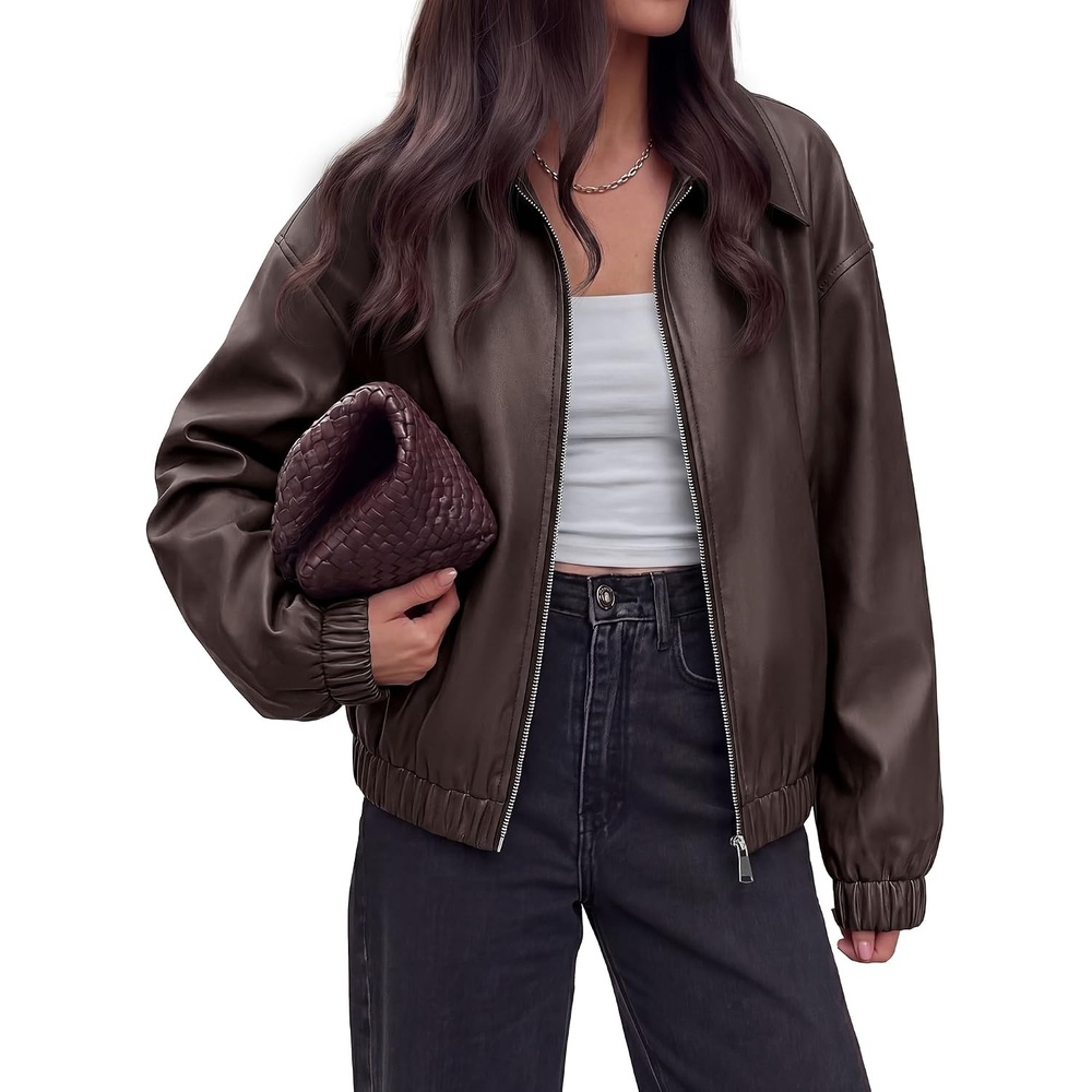 image:imageKIRUNDO Fall Jackets for Women Oversized Zip Up Faux Leather Bomber CoatsDark Brown