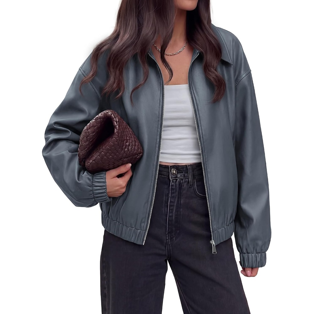 image:imageKIRUNDO Fall Jackets for Women Oversized Zip Up Faux Leather Bomber CoatsDusty Blue