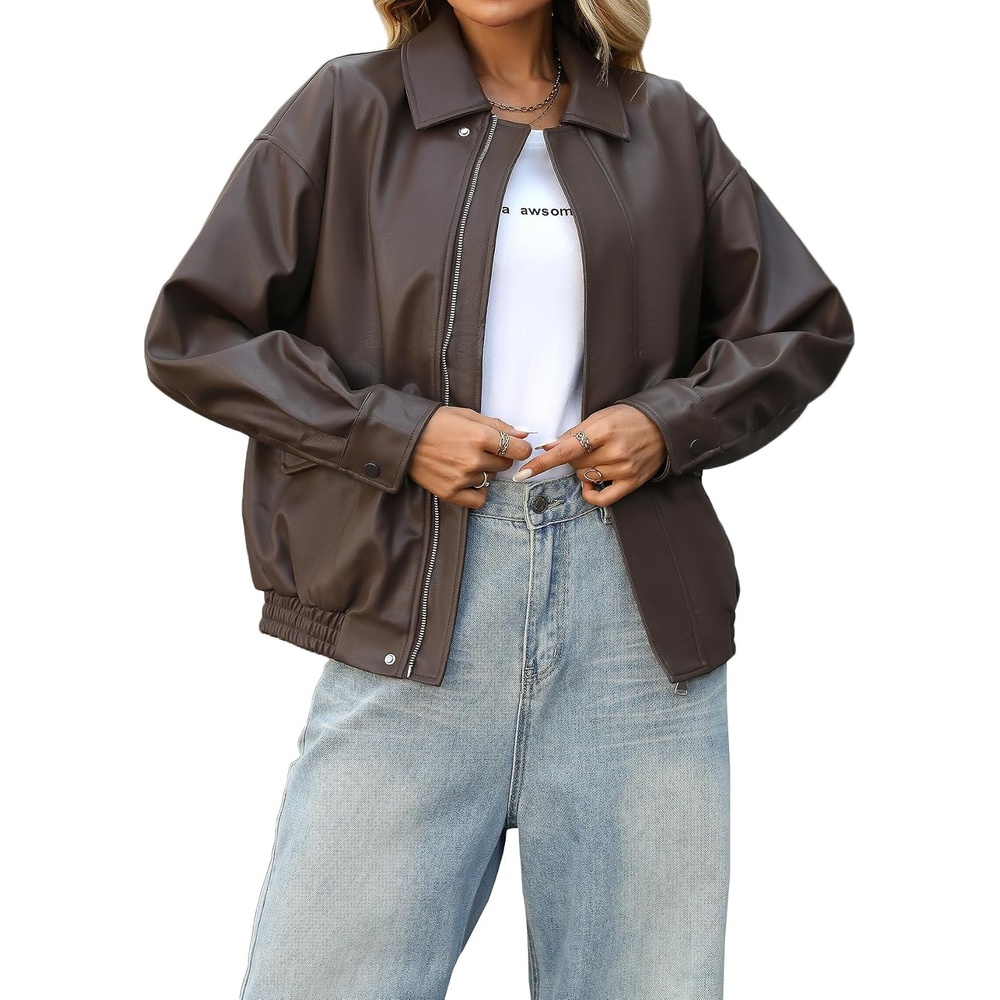 image:imageLY VAREY LIN Women Faux Leather Jacket Lapel Collar Motorcycle Zip Up Long Sleeve Motor Biker Short Coat Jacket1895brown