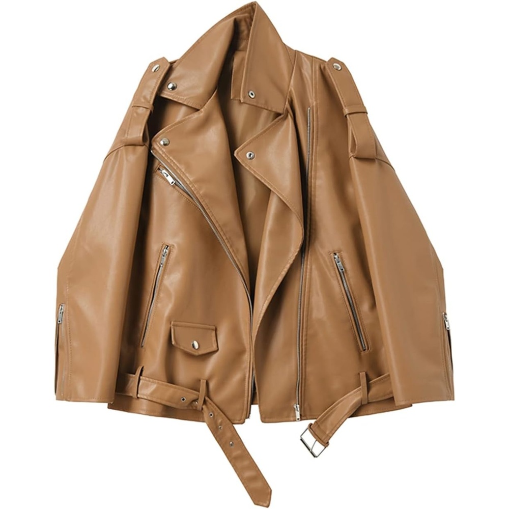 image:imageLY VAREY LIN Women Faux Leather Jacket Lapel Collar Motorcycle Zip Up Long Sleeve Motor Biker Short Coat Jacket2123brown