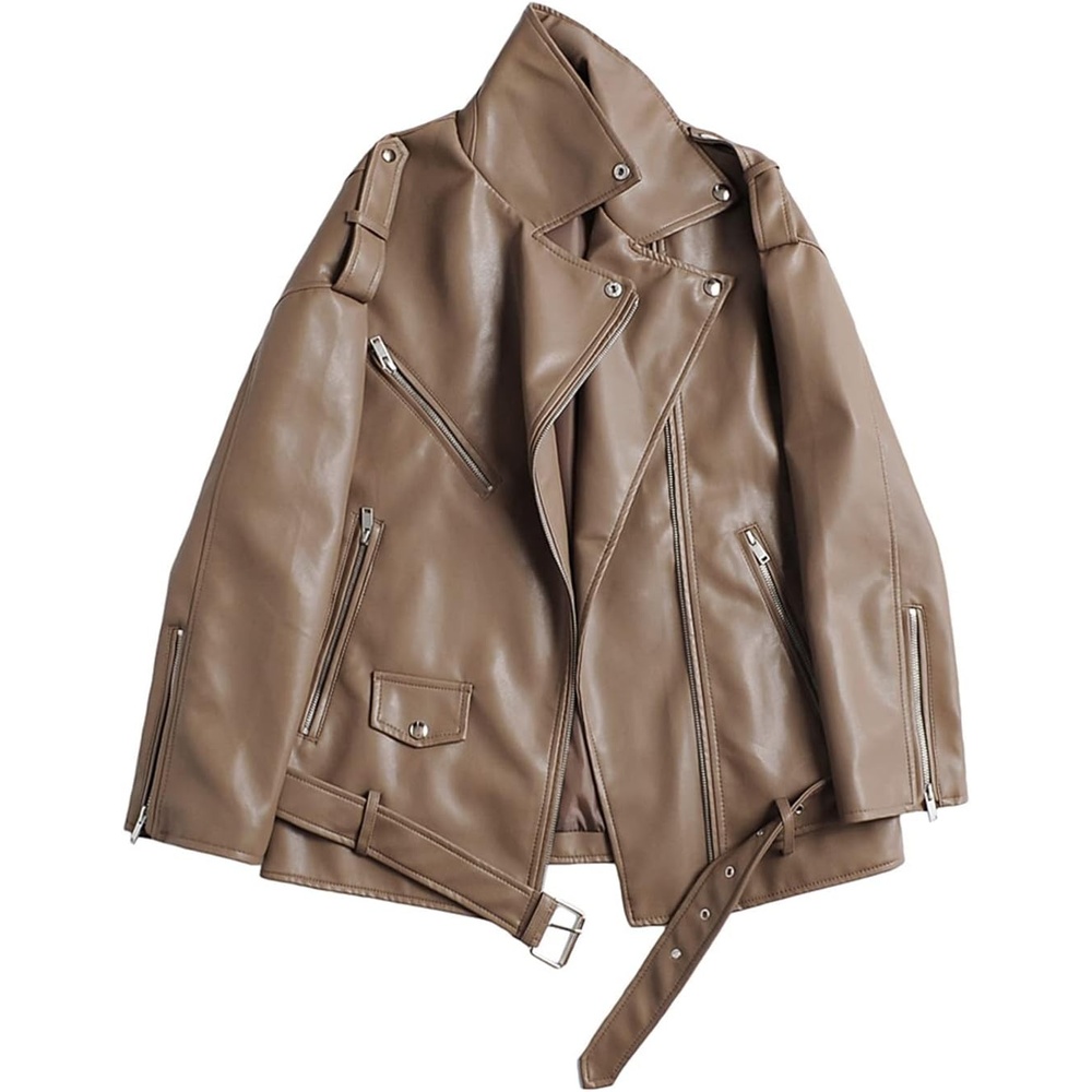image:imageLY VAREY LIN Women Faux Leather Jacket Lapel Collar Motorcycle Zip Up Long Sleeve Motor Biker Short Coat Jacket2123coffee
