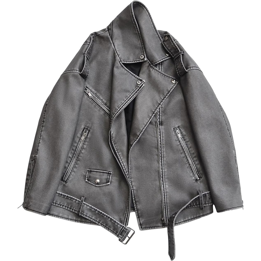 image:imageLY VAREY LIN Women Faux Leather Jacket Lapel Collar Motorcycle Zip Up Long Sleeve Motor Biker Short Coat Jacket2123grey