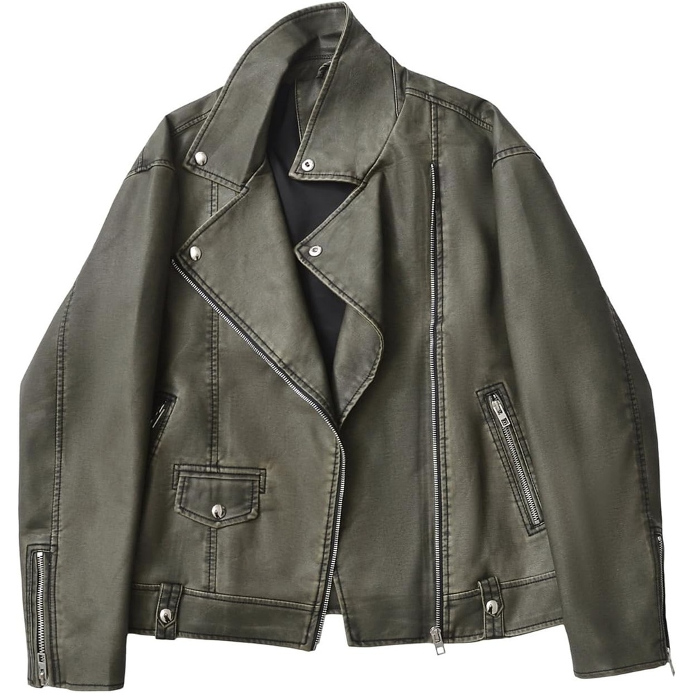 image:imageLY VAREY LIN Women Faux Leather Jacket Lapel Collar Motorcycle Zip Up Long Sleeve Motor Biker Short Coat Jacket2357dark Green