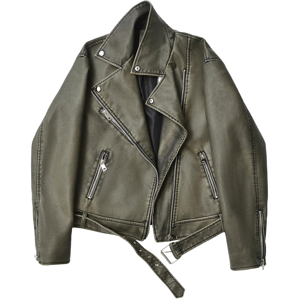image:imageLY VAREY LIN Women Faux Leather Jacket Lapel Collar Motorcycle Zip Up Long Sleeve Motor Biker Short Coat Jacket2362dark Green