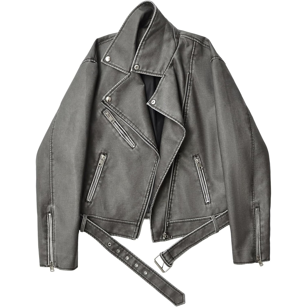 image:imageLY VAREY LIN Women Faux Leather Jacket Lapel Collar Motorcycle Zip Up Long Sleeve Motor Biker Short Coat Jacket2362grey