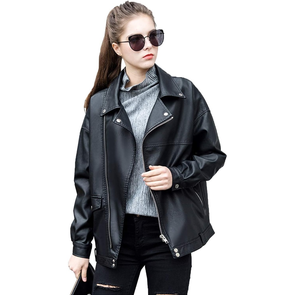 image:imageLY VAREY LIN Women Faux Leather Jacket Lapel Collar Motorcycle Zip Up Long Sleeve Motor Biker Short Coat JacketBlack