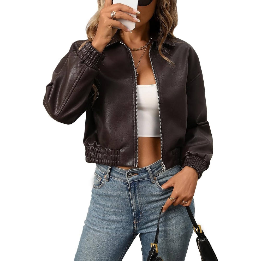 image:imageLY VAREY LIN Womens Faux Leather Jacket Baseball Collar Zip UP Streetwear Casual CoatBrown