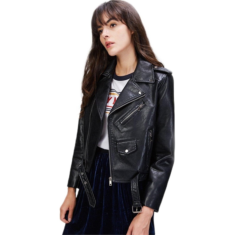 image:imageLY VAREY LIN Womens Faux Leather Motorcycle Jacket PU Slim Short Biker CoatBlack